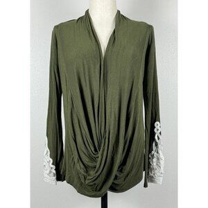 Sun Moon Womens Green Draped Cowl Neck Shirt Partial Lace Cuff Stretch Large?